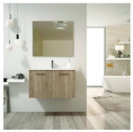 Mueble de Baño Suspendido Mallorca con Lavabo Cerámico y Espejo, 2 Puertas (Cambrian, Ancho 60 cm)