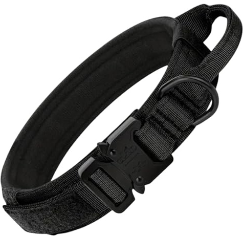 Taktisches Hundehalsband mit Griff & Schnellverschluss – Verstellbares Halsband Nylon mit gepolsterter Innenseite – Schnalle – ideal für große Hunde & Training – Schwarz (Schwarz, L)
