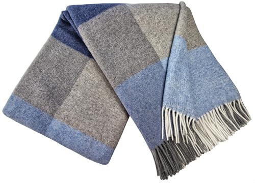 STTS International Coperta in cashmere 100% lana merino – Cashmere – Mix 140 x 200 cm molto morbida plaid plaid (blu-grigio-grigio chiaro (quadrati)