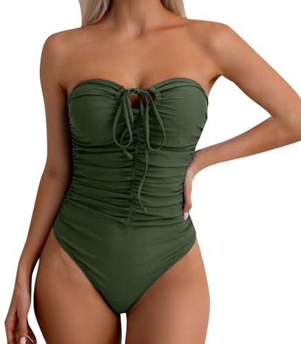 Women Tummy Control Bandeau Swimwear One-Piece Swimming Costume Ladies Solid Color Pleated Strapless Swimsuit with Front Tie Two Wear Halterneck 2025 (Green, XL)