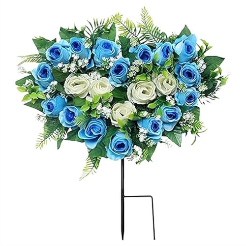Flores artificiales de cementerio, ramo de rosas artificiales en forma de corazón, flores conmemorativas de tumbas con estaca de suelo, para decoración de tumbas de exteriores, bodas, fiestas