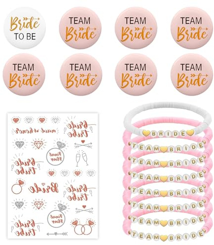Molirex Jga Accessoires Frauen, 8 Stück Team Braut Armbänder Buttons und 1 Stück Tattoo Aufkleber Set mit Bride to Be Junggesellenabschied Frauen Jga Deko Team Bride für Hochzeit Spiele Party