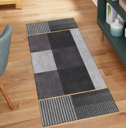 QQrunner Alfombra larga para pasillo, cocina, antideslizante, color gris y negro, 70 x 80 cm, por metros, lavable, moderna, pasillo de cocina, pasillo, poliéster, salón, alfombra atrapa la suciedad