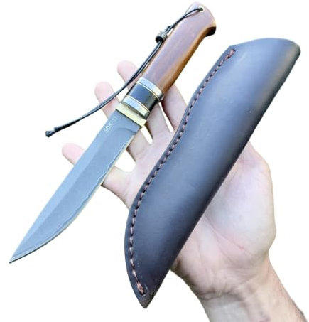 Obespina Couteau Damas intercouche nickel 5 couches Japonais Bois d'ébène Étui cuir Collection Custom Cadeau Homme forge artisanat camping lame fixe tranchante custom drop point edc