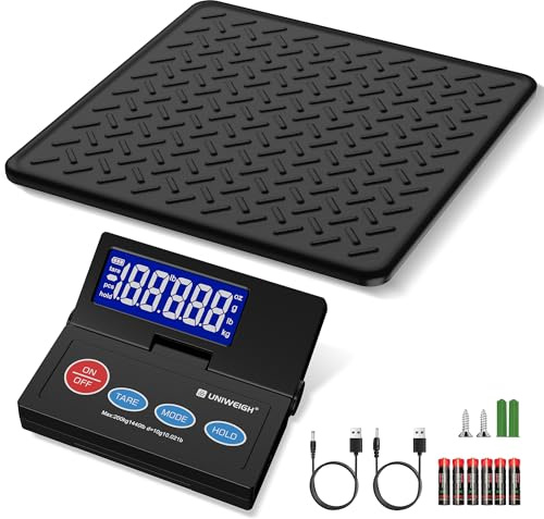 UNIWEIGH Bilancia postale digitale da 440 lb, precisione da 10 g, per pacchetti con LCD retroilluminato, piattaforma in acciaio legato, funzionamento USB-A/batteria, Tara/Hold/Auto-Off, bilancia per