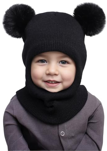 DRESHOW Kinder Wintermütze Warme Schal Schlupfmütze Strickmütze Kapuze Weiche Schalmütze mit Doppelt Bommel Pom Pom Beanie Mütze für Kleinkinder Jungen Mädchen 1-6 Jahre