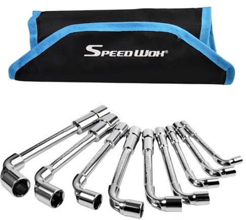SPEEDWOX L Shaped Double Head Hex Socket Wrench Set, 9-Piece Metric 8-19mm 6-Point Angled Elbow Wrench, Chrome Vanadium Steel with Rolling Pouch for Automotive & Industrial Maintenance