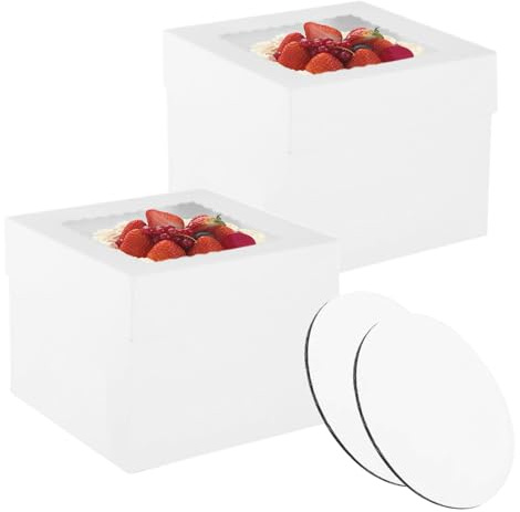 Werownsgso 2 stycken tårtlådor set med tårtfat hög tårtlåda kartong tårttransportlåda för tårtor bakverk kaka låda med tårtbräda för födelsedagar fester bröllop (30 x 30 x 20 cm)