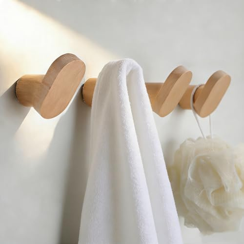 ZUNTO 4 Pack Wooden Towel Hooks, Wall Mounted Drilling, Natural Wood Decorative Towel Hooks with Screw, Heavy Duty Waterproof Wall Hooks for Kitchen, Bathroom, Entryway