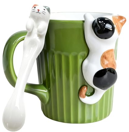Leikurvo Taza de gato dulce, taza de té de cerámica, bonita taza con gato mirador 3D para mujeres, hombres, amantes de los gatos, niños, 350 ml (gatito tricolor)