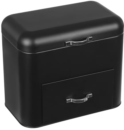 ROMYIX Bread Bin Double Compartment Bread Box with Airtight Lid,Metal Bread Bin Industrial Breadbins 2 Layer Food Storage Bin for Kitchen Loaves, Pastries, Rolls (Black)