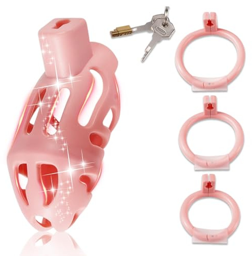 Keuschheitskäfig Herren mit Verstecktem Schloss, CB Penis Käfig mit 3 Ringen Übungs- und Bondage-Set für Erwachsene, CB Cock Cage für Chastity Play und Fetisch (Pink)