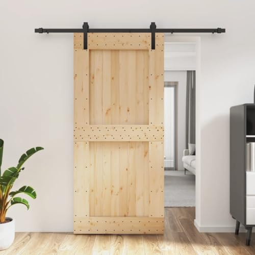 Cancello scorrevole, porta scorrevole con ferramenta, 95 x 210 cm, in legno massello di pino scorrevole, sistema di porte scorrevoli, porte interne, pareti divisorie