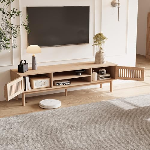 AONYAYBM Armario de TV de 150 cm, bajo, de madera, moderno, mesa de televisión con 2 puertas y estantes abiertos, tablero de TV con espacio de almacenamiento, aparador escandinavo para sala de estar