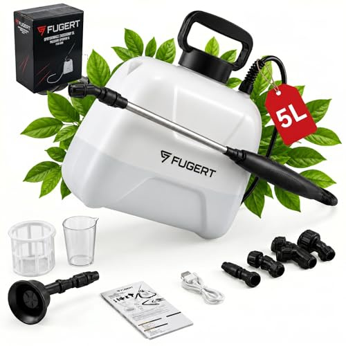 FUGERT Akku Drucksprüher, elektrischer Gartensprüher mit USB-C, 3,5 Bar, Pflanzensprüher mit Teleskoplanze 27–49,5 cm, 5 Düsen, Schultergurt, Gartenspritze für Garten & Pflanzen (5L)