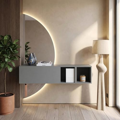 Web Convenienza Mobile Ingresso Sospeso Moderno 124x155x30 cm Made in Italy - Salvaspazio con Ante Ribalta Montaggio Appeso, Specchio Mezzaluna Retroilluminato LED - Mobiletto per Corridoio (Ardesia)