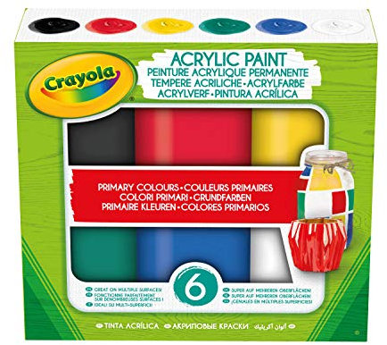 Crayola 6 Acryl-Temperafarben, Grundfarben, in Gebrauchsfertigen, Wiederverwendbaren Dosen, für Schule und Freizeit, 54-2009, 59 ml (1er-Pack)