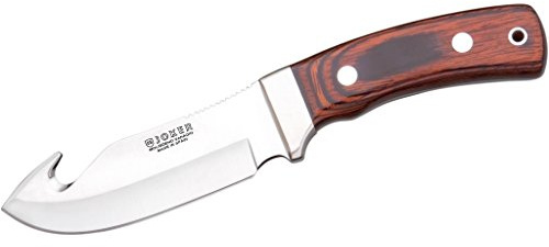 Joker Cuchillo desollador Oso D CR55, Hoja de 12 cm MOVA, Mango Stamina, Funda de Cuero Color marrón, Lomo dentado, Herramienta de Pesca, Caza, Camping y Senderismo