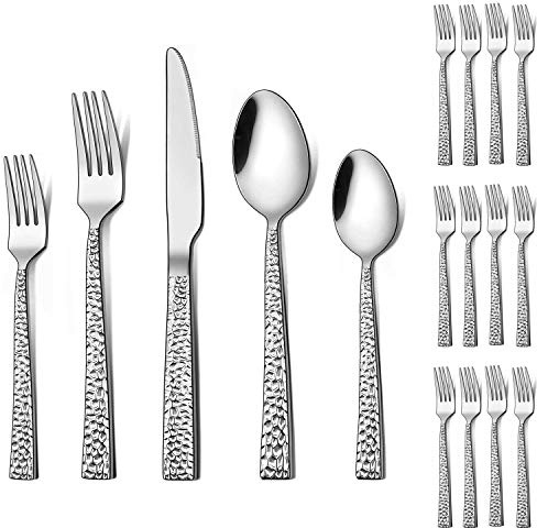 LIANYU 72-Piece Silverware Set with Extra Forks, Stainless Steel Hammered Square Flatware Cutlery Set for 12, Fancy Eating Utensils Tableware, Dishwasher Safe