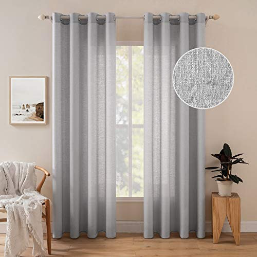 MIULEE 2er Set Voile Vorhang Sheer Leinenvorhang mit Ösen Transparente Unregelmäßige Textur Gardine Ösenschal Fensterschal Lichtdurchlässig für Schlafzimmer 245 x 140cm (H x B) Hellgrau