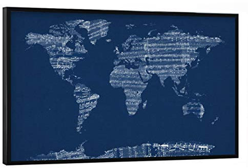 artboxONE Poster mit schwarzem Rahmen 75x50 cm Musik Map of The World Map from Old Sheet Music blau - Bild Weltkarte