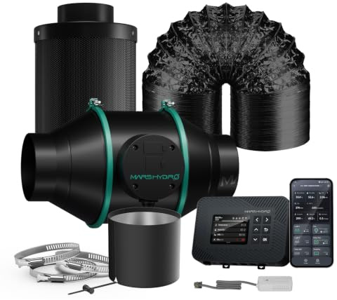 MARS HYDRO 100 mm Rohrventilator-Set mit Aktivkohlefilter und iControl | Grow Abluft Set mit Temperatur-Feuchtigkeit-Steuerung，App-Fernsteuerung, Belüftungssystem für Growzelt,Growboxen