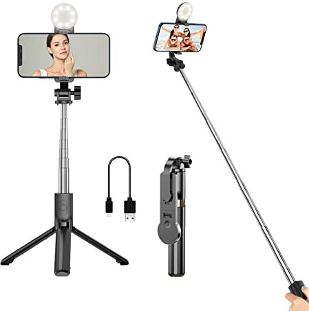 GRIFEMA GB1003-1 Selfie Stick, Extendable Selfie Stick with Fill Light Detachable Wireless Bluetooth Stand Selfie Stick Compatible with iPhone, Sumsung Galaxy, Huawei and More