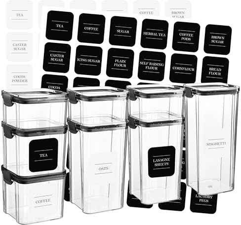 Argon Tableware 8 Piece Food Storage Containers Set with Labels - Plastic Kitchen Pantry Organiser Jars - Clip Lid - 4 Sizes - Black
