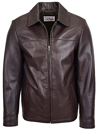 Mens Real Leather Harrington Jacket Classic Zip Box Style James (L, Brown)