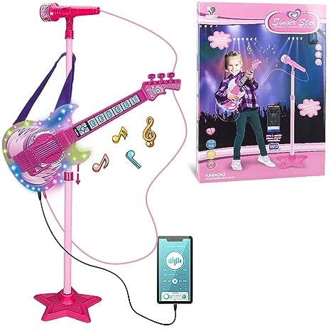 TAKIHON Guitar and Microphone Set for Kids,Guitar Toys with Music&Colorful Light,Adjustable Height Microphone with Stand,Karaoke Toys Gift for Boy,Girls,Toddlers(Red)-Upgraded