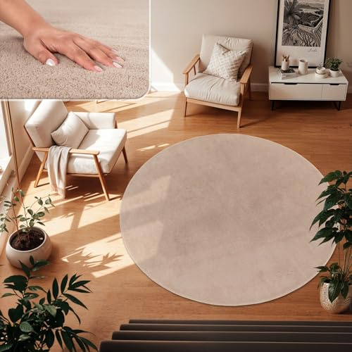 TT Home Wohnzimmer Teppich Kurzflor Anti-Rutsch Rückseite Unifarben Modern Waschbar, Farbe: Beige, Größe:200 cm Rund