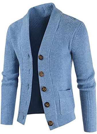 QTZTZ Herrcardigan tröja jacka herr långärmad enfärgad stickad cardigan tröja V-ringad vinter cardigan män, ljusblå M