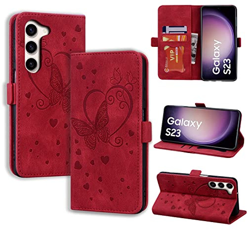 CASAFUNY Handyhülle für Samsung Galaxy S23 Hülle,Rot | PU Leder,Tasche Cover mit Kartenfach,Flip Case,Magnetisch,Klapphülle Schutzhülle für Samsung Galaxy S23