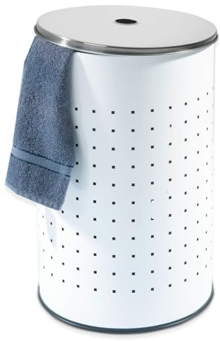 Home4You Wäschekorb mit Deckel und Luftlöchern - Edelstahl - Weiß - 37 L - Ø 29 cm - 54 cm hoch - Wäschetonne Wäschesammler Wäschebox Wäschetruhe