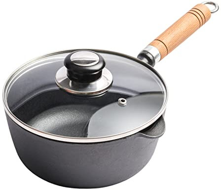 ATHT Cast Iron Nonstick Sauce Pan with Lid, Kitchen Cooking Pot Small Saucepan Deep Pan with Cool Wood Handle for Ramen, Tempura, Milk,16cm (18cm)