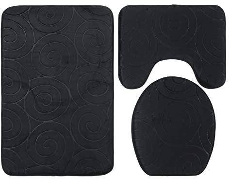 WOOXGEHM 3 PCS Badematten Set, Weich und Bequem, Memory Schaum Badematte, Selbstanpassendes Gummiband, Rutschfester Kontur Badeteppich für Schlafzimmer, Toilette, Boden(Schwarz)