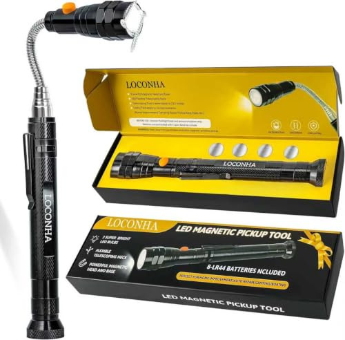 LOCONHA Outil de ramassage magnétique avec lumières LED, lampe de poche magnétique télescopique, gadget cool, cadeau d'anniversaire, cadeau de Noël pour homme, bricoleur, mari, petit ami, lui, père,