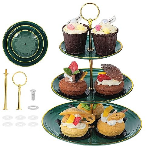 Mynoozi 2 Stück 3 Etagen Cupcake Ständer Dessert Tablett, Gestaffelt KuchenStand, Wiederverwendbar Etagere Dessert Ständer, Tortenständer für Hochzeit Geburtstag Weihnachten Party (Dunkelgrün)
