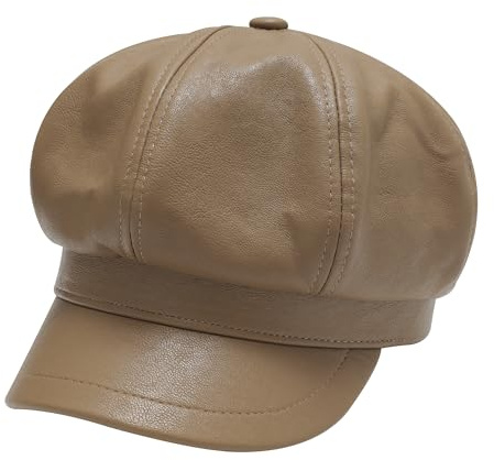 ZLYC Unisex PU-läder ballongmössa toppmössa retro klassisk åttakantig mössa vinter baskermössor, kaki, En Storlek