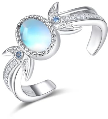 KINGWHYTE Moonstone Ring 925 Sterling Silver Open Moon Ring Triple Moon Goddess Ring Celtic Jewellery Gifts For Women Girls Ladies