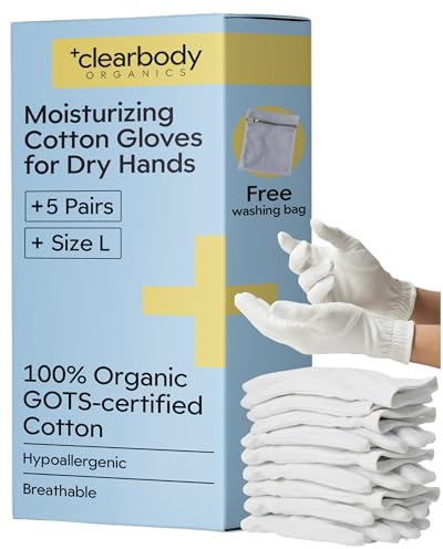 Clearbody Organics 100% Organic Cotton Gloves for Dry Hands Sleeping - Breathable Cotton for Eczema - Moisturizing Gloves Overnight (5 Pairs, Size L)