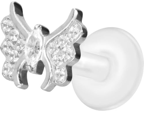PIERCINGLINE PTFE Labret mit Gewinde + Titan-Aufsatz KRISTALLSCHMETTERLING Piercing Lippe Nase Ohr Helix Tragus Medusa 1,2x5 mm Silberfarben