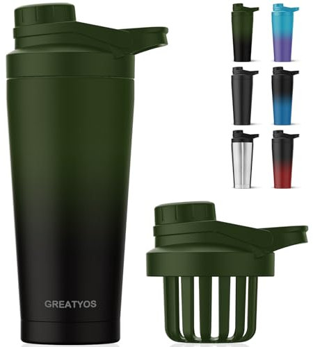 Greatyos Edelstahl-Shaker-Flasche mit geräuschfreiem Design – Patentierte isolierte Metall-Shaker-Flaschen für Proteinmischungen und Pre-Workout, 100 % auslaufsicher (Schwarzwald)