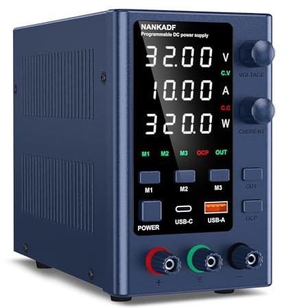 NANKADF Fuente de Alimentación Ajustable 0-30V/0-10A, DC Fuente de Alimentación Regulada de Alta Precisión de Laboratorio Pantalla LED de 4 Dígitos,con Control de Codificador y Memoria de Datos
