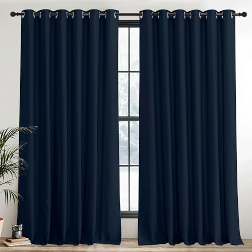 PONY DANCE Blackout Large Curtain 2 Panels - 90 x 90 Inch Extra Wide Room Darkening Door Curtain Thermal Insulated Eyelet Drapes Bedroom，Hotel, Living Room, Navy Blue