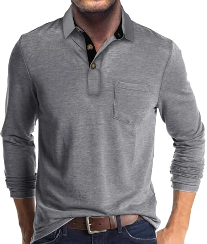 Rodawu Mens Long Sleeve Polo Shirts Golf Tops Casual Smart Polo T-Shirts Grandad T Shirt Designer