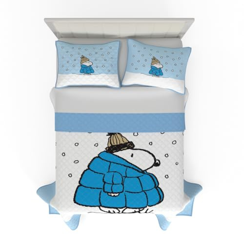 Peanuts Snoopy Puffer Coat Holiday Bedding Super Soft 3 Piece Pillow Sham and Quilt Set, Full/Queen, (100% Officially Licensed Product) by Franco