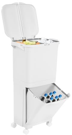 OBLLER Pattumiera da cucina, 2 + 1 scomparti, sistema di separazione dei rifiuti, 45 l, con coperchio, sistema di separazione dei rifiuti, pattumiera a pedale su ruote, per cucina e casa