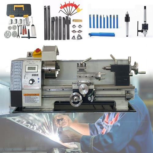 Mini tornio per metallo da 900 W, tornio per metallo elettrico da banco di precisione industriale, velocità variabile continua 50-2500 giri/min, con cassetta degli attrezzi con mandrino in metallo