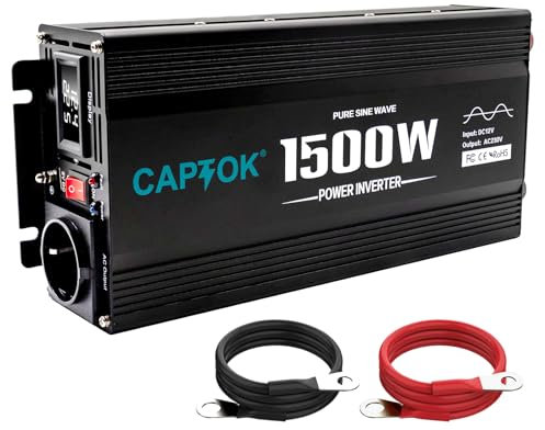 CAPTOK 1500 Watt Reiner Sinus-Wechselrichter 12V DC 220V AC mit LED-Bildschirm-Anzeige 2AC Ausgänge, 5V 2.4A USB-Anschluss Stromwandler für Auto, LKW, Haus, Reise